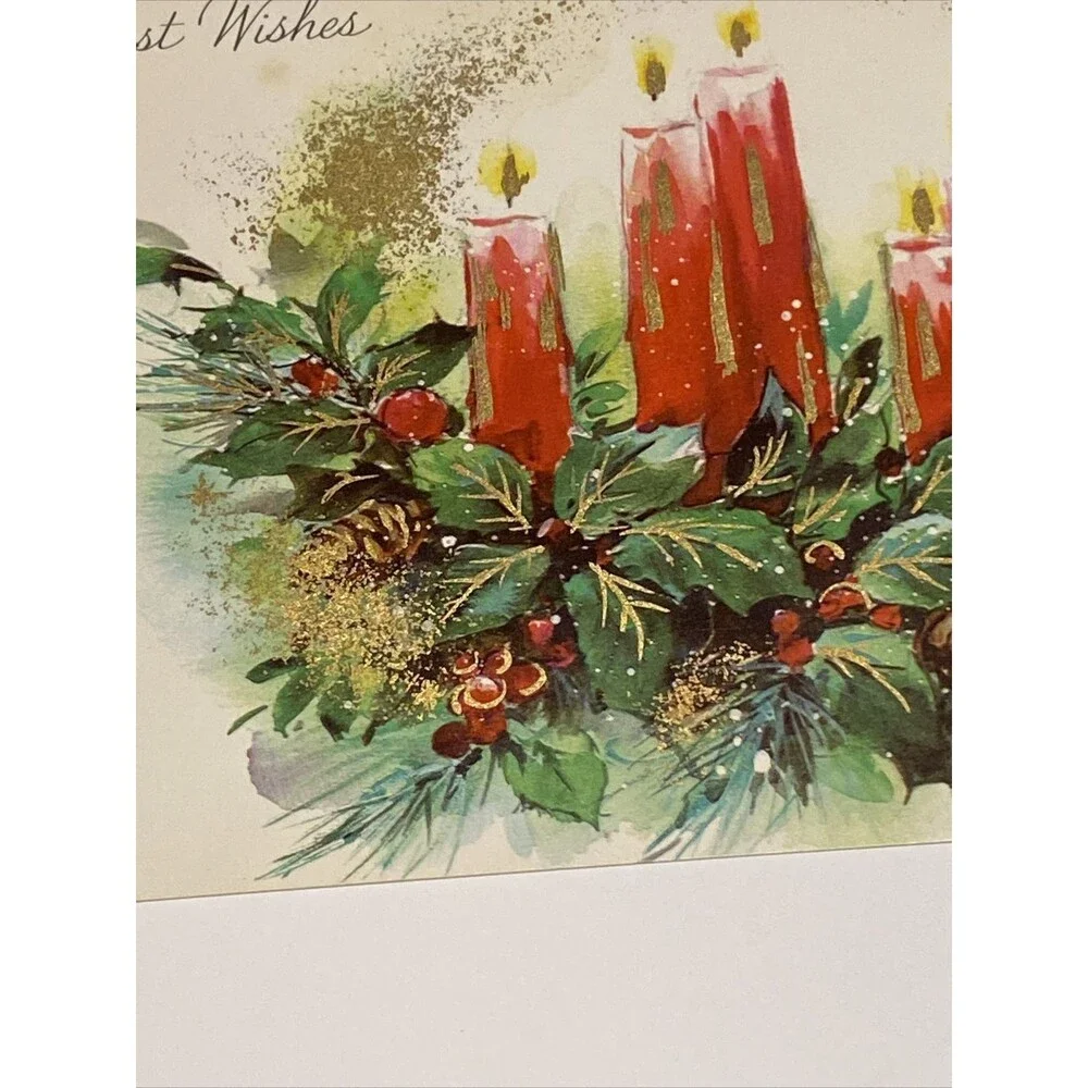 Vintage WHITNEY Christmas Card Holiday Candle W Holly Berry Pinecone